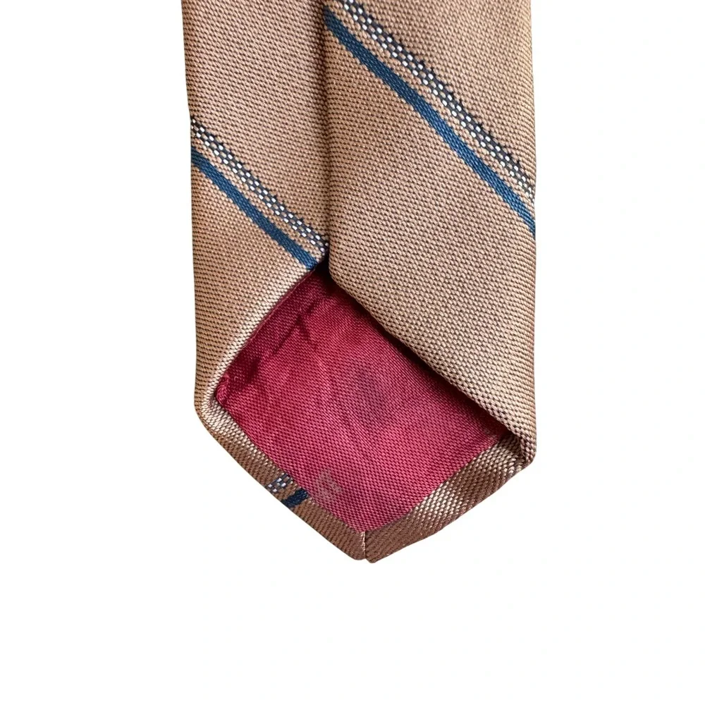 Yves Saint Laurent YSL Mens Vintage Silk Tie Tan Blue Striped Designer Necktie